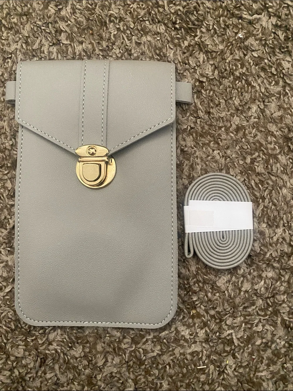 Gray Phone Crossbody Bag with Gold Lock — Minimalist Hands-Free Holster